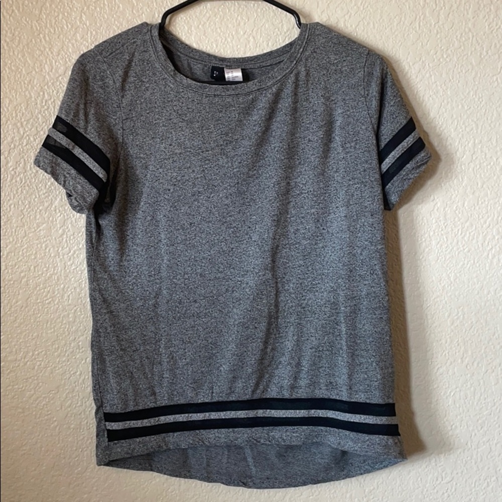 Grey shirt with striped sleeves